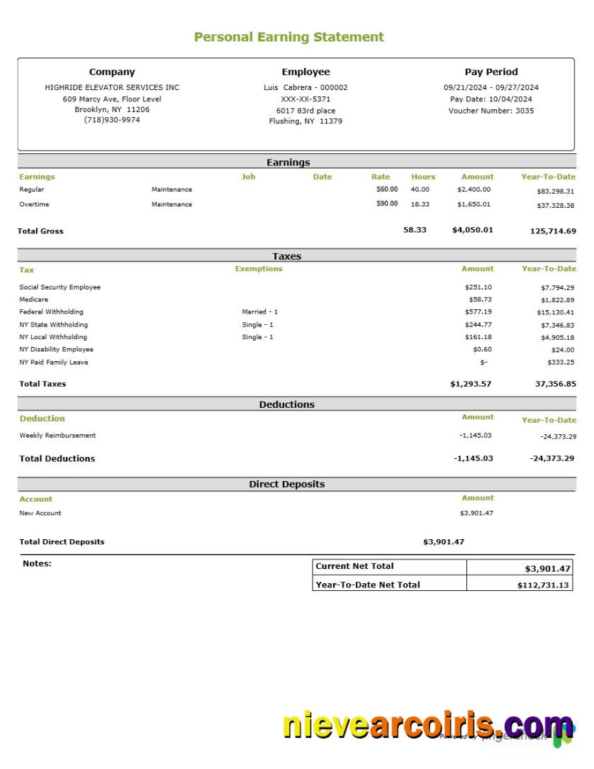 Highride Elevator Services INC personal earning statement